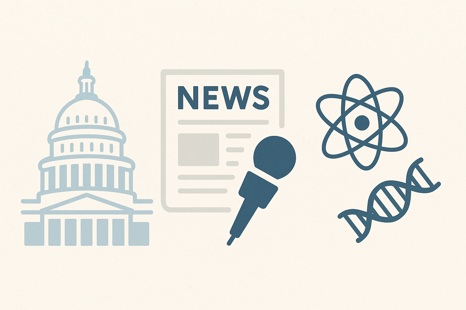 A JustDailyStuff banner collage with government, news, economics, and science imagery.